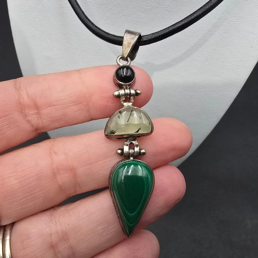 Sterling Silver 925 Malachite Prehnite Onyx Pendant Leather Cord Choker Necklace